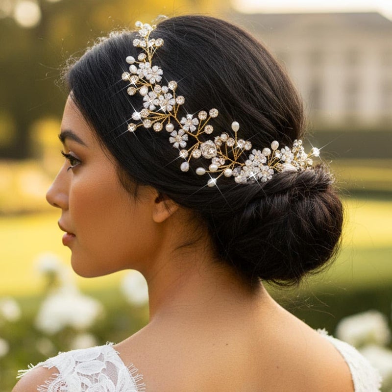Unsutuo Flower Bridal Hair Vine Crystal Wedding Headpiececs Leaves Headbands for Women and Girls (Gold) - Image 3
